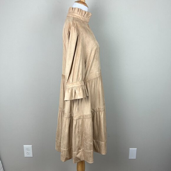 Gretchen Scott Dress Womens Large Beige Teardrop Ultra Suede Tiered Ruffle 3/4 - Picture 6 of 12